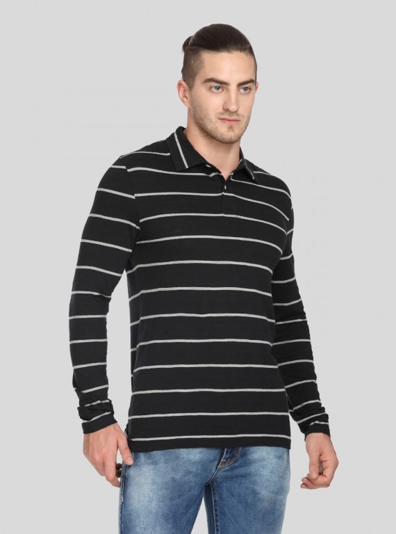 Black Stripe Long Sleeve Polo TShirt