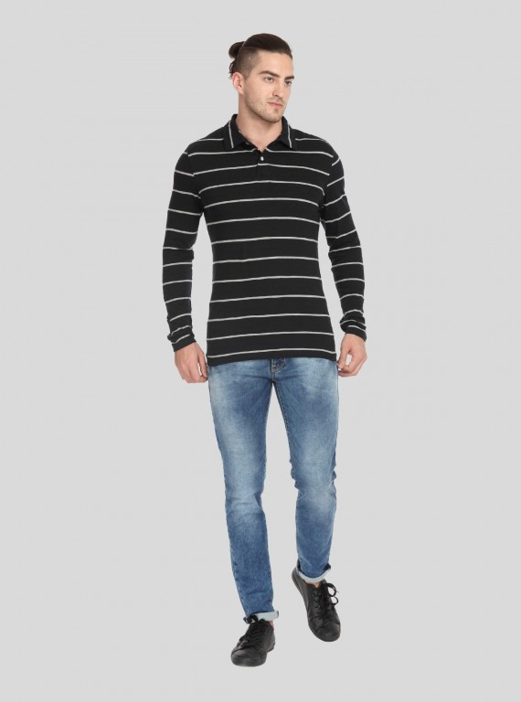 Black Stripe Long Sleeve Polo TShirt