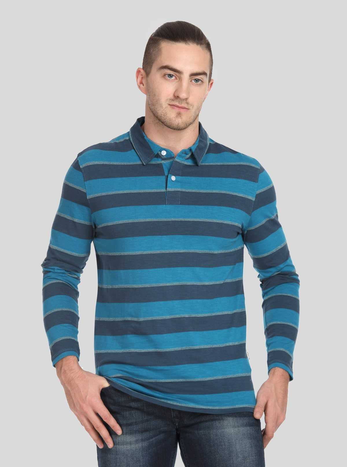 Men’s Blue Striped Full Sleeve Polo T-Shirt – Classic Comfort Meets Modern Style