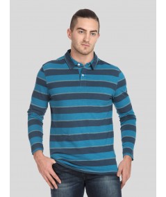 Men’s Blue Striped Full Sleeve Polo T-Shirt – Classic Comfort Meets Modern Style