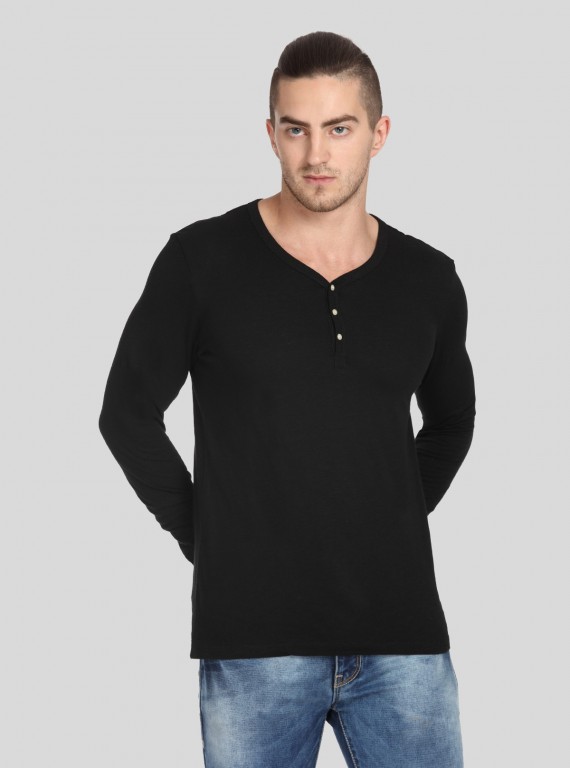 Men’s Black Waffle Knit Henley T-Shirt – Classic, Textured Comfort