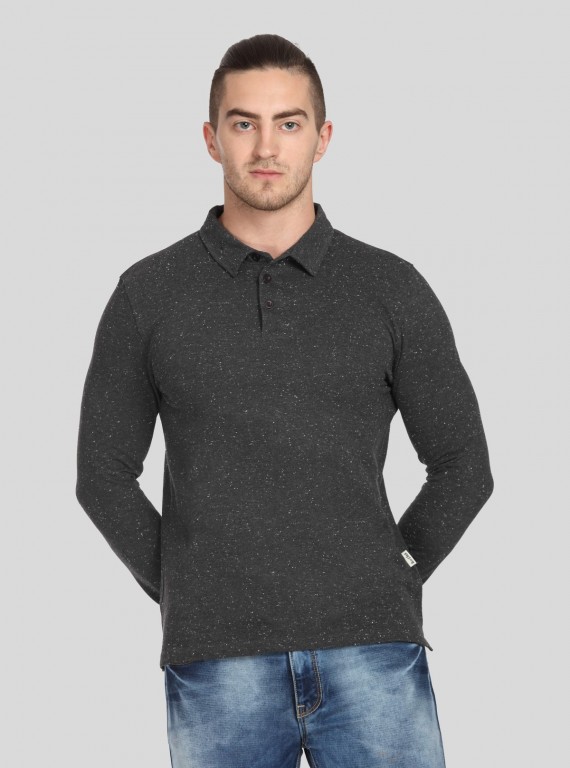 Men’s Black Textured Long Sleeve Polo T-Shirt – Premium Comfort & Style