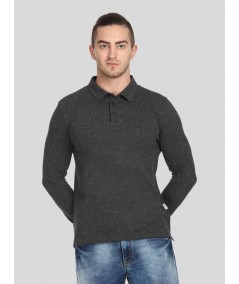 Men’s Black Textured Long Sleeve Polo T-Shirt – Premium Comfort & Style