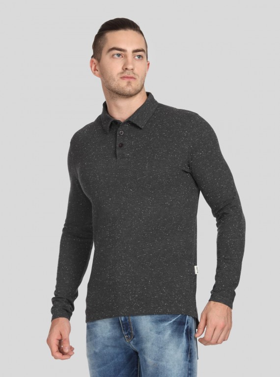 Self Textured Long Sleeve Polo TShirt