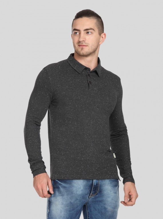 Self Textured Long Sleeve Polo TShirt