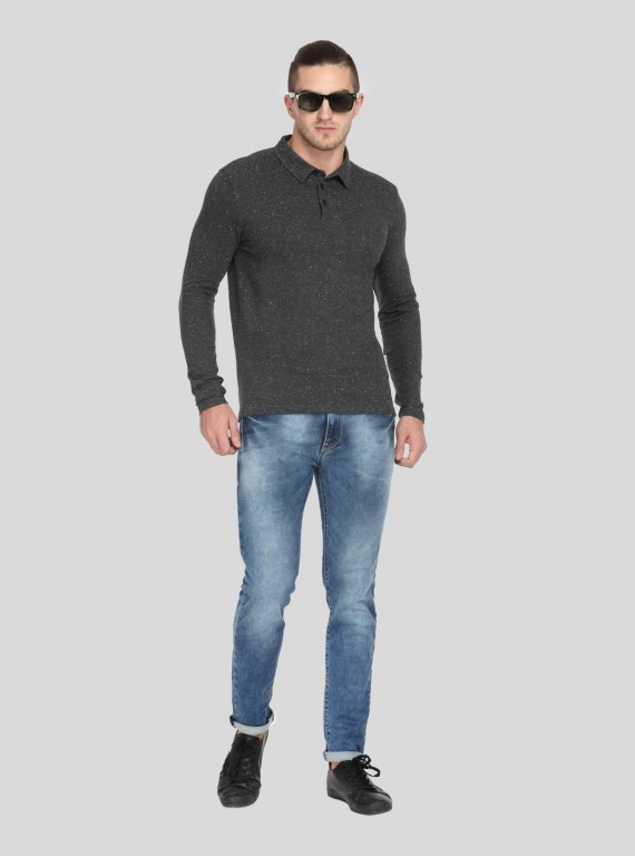 Self Textured Long Sleeve Polo TShirt