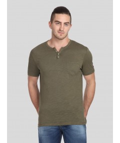 Men’s Olive Green Henley T-Shirt with Patch Pocket – Rugged & Refined