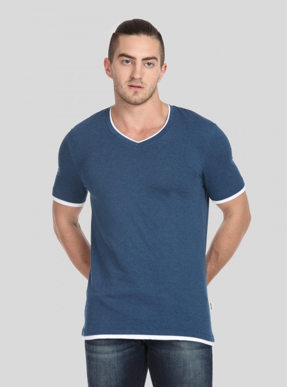 Men’s Blue Contrast Tipped V-Neck T-Shirt – Smart Casual Essential