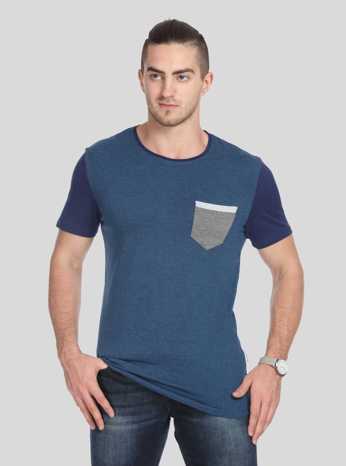 Download Round neck, contrast sleeve blue jersey t-shirt with ...