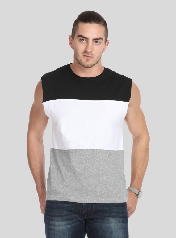 Men's Colourblock Black & Grey Round Neck Vest – Sporty, Sleek & Breathable