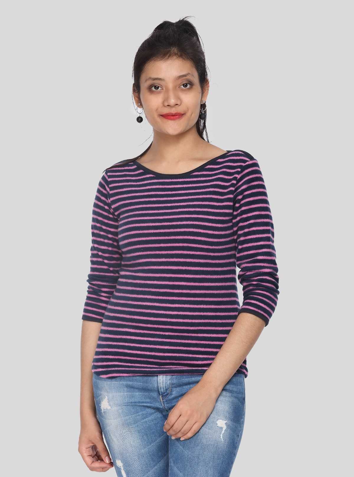 Women’s Purple Striped Cotton Ribbed Sweat Top with Boat Neck – Boer & Fitch