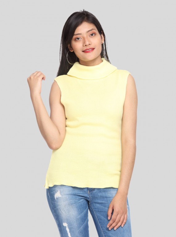 Women’s Yellow Sleeveless Turtle Neck Ribbed Cotton Top