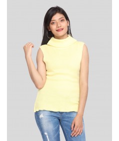 Women’s Yellow Sleeveless Turtle Neck Ribbed Cotton Top