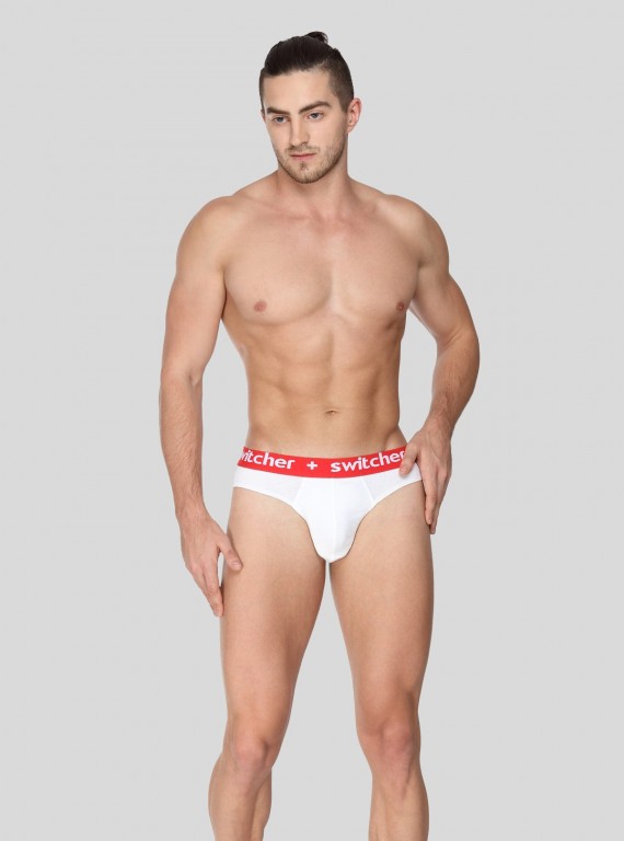Men's White Solid Banded Brief