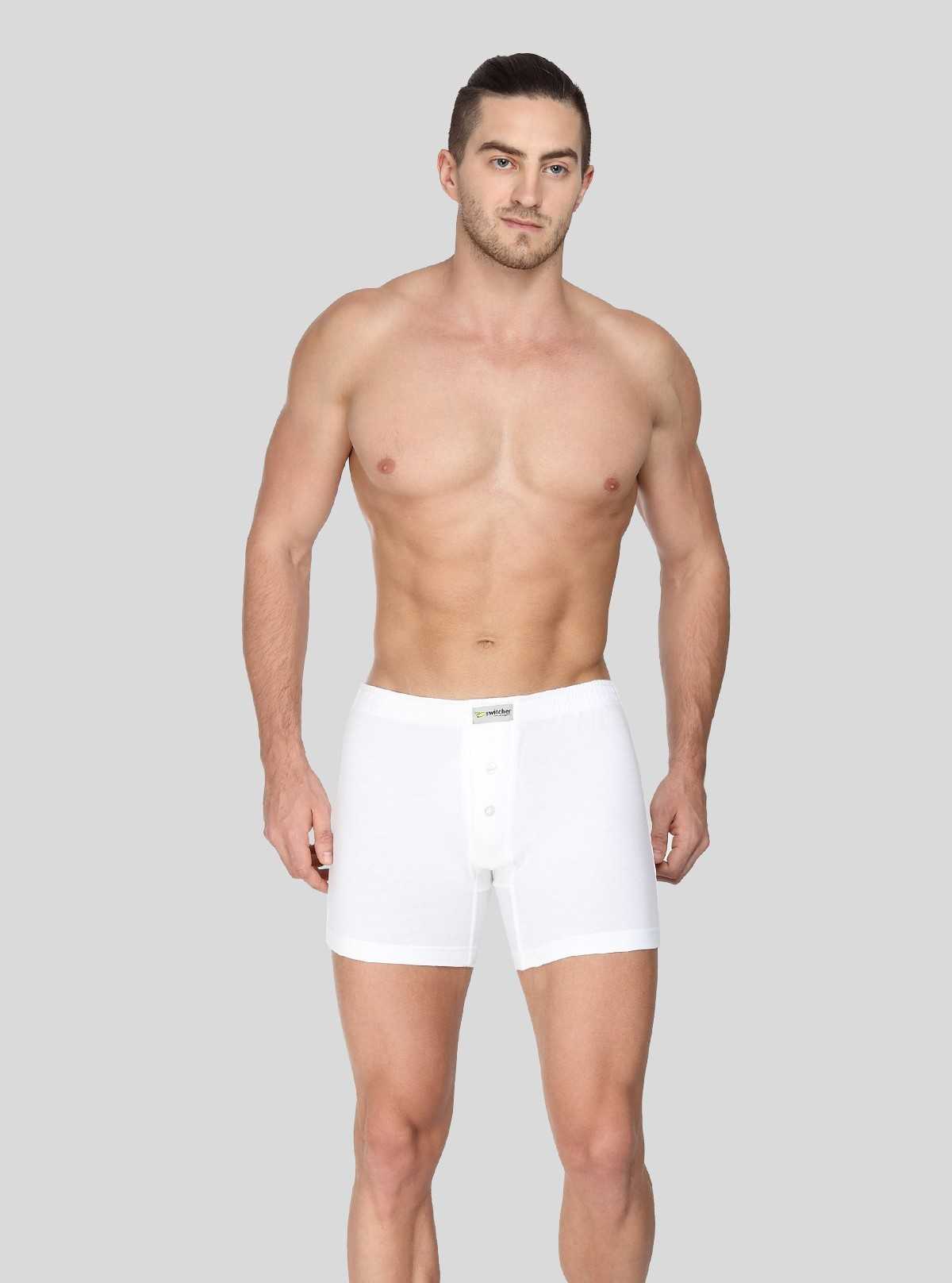 Men’s Solid White Buttoned Trunks | Soft Cotton Stretch Innerwear