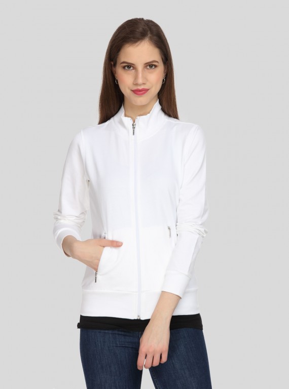 Women’s White Zipper Sweatshirt in Soft Cotton Fleece with Full Sleeves