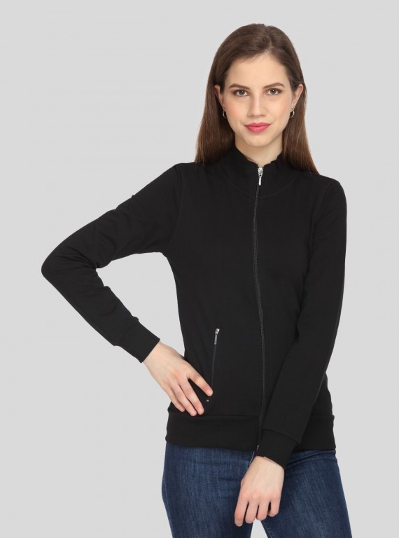 Women’s Black Zipper Sweatshirt in Cotton Fleece with Full Sleeves