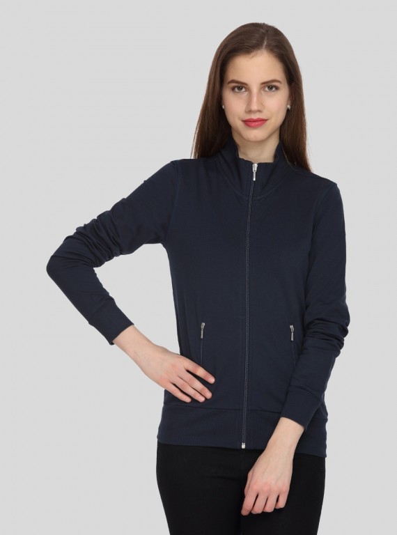 Women’s Blue Full Sleeve Cotton Fleece Zipper Sweatshirt by Boer & Fitch