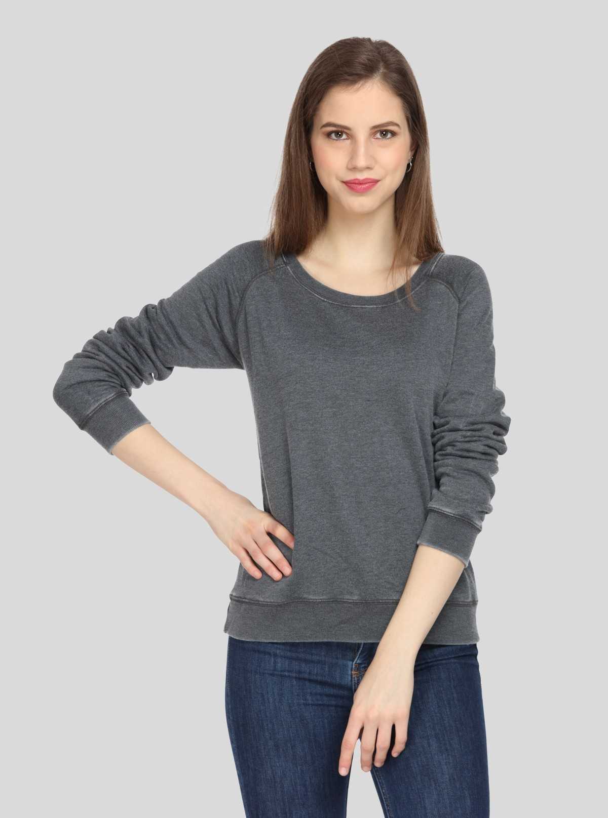 Women’s Black Garment Dyed Full Sleeve Cotton Fleece Pullover