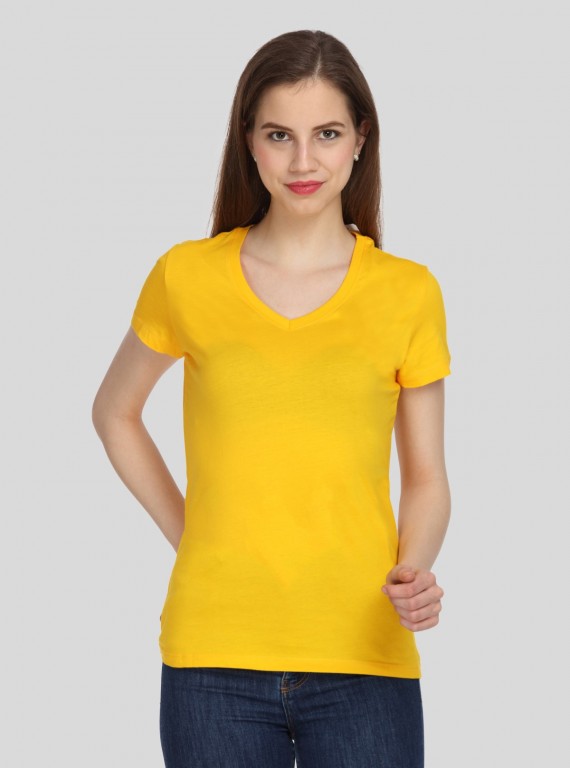 Women's Yellow V-Neck Short Sleeve T-Shirt – 100% Cotton Casual Wear