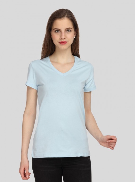 Women's Light Blue V-Neck T-Shirt in 100% Cotton Jersey Fabric