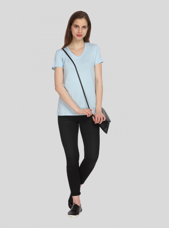 Light Blue Solid V Neck TShirt