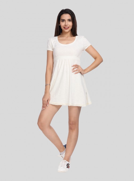 Women's Ecru Solid Dress in 100% Cotton Feather Touch Fabric