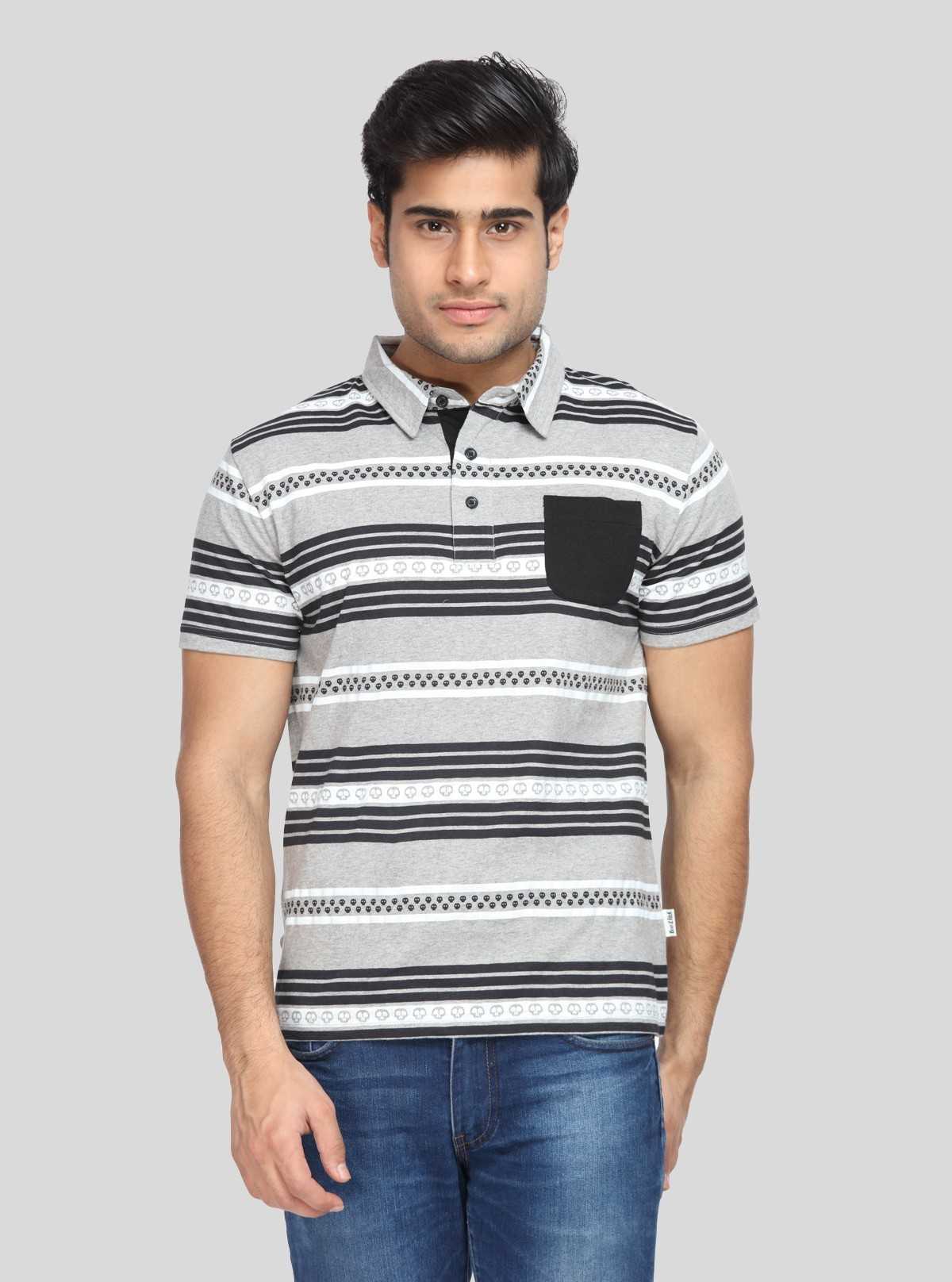 Men’s Striped Golf Polo T-Shirt with Patch Pocket – Classic Sporty Elegance