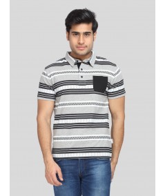 Men’s Striped Golf Polo T-Shirt with Patch Pocket – Classic Sporty Elegance