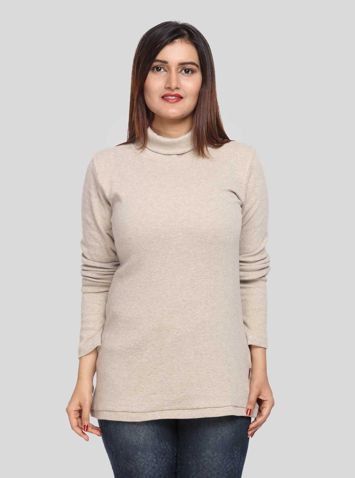 Women’s Solid Ecru Ribbed Turtle Neck Pullover with Long Sleeves