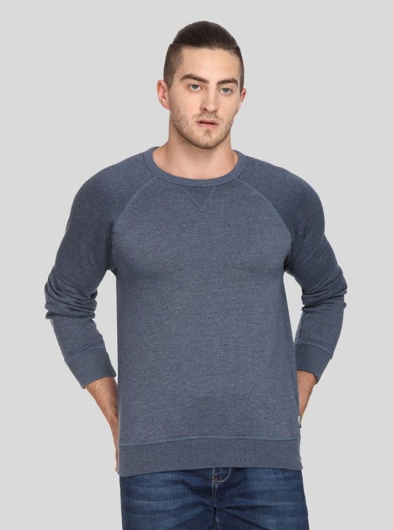 Men’s Blue Melange V-Cut Fleece Sweatshirt – Smart, Soft & Versatile