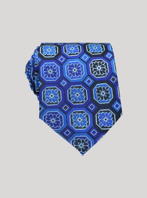 Men’s Blue Floral Tile Neck Tie – Refined Patterned Tie by Boer & Fitch