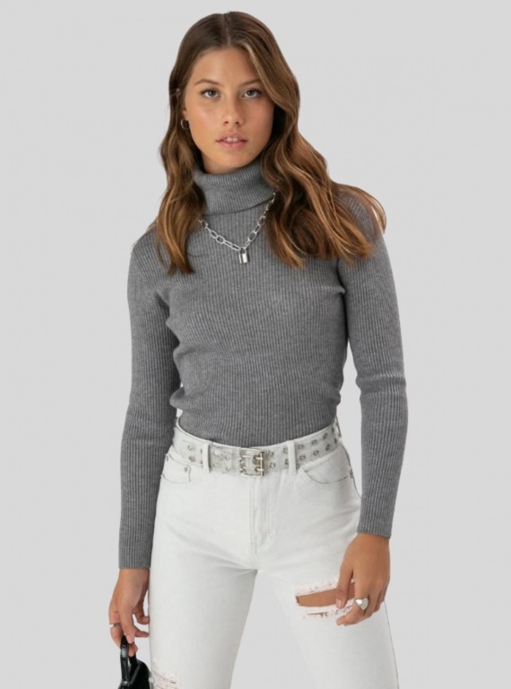 Women’s Dark Melange Ribbed Turtle Neck Pullover with Long Sleeves