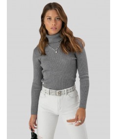 Women’s Dark Melange Ribbed Turtle Neck Pullover with Long Sleeves