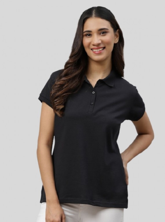 Women's Black Polo T-Shirt with Short Sleeves in Cotton Piqué Fabric | Boer & Fitch