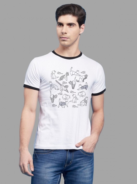 Men’s White Origami Print T-Shirt with Contrast Detailing – Bold Graphic Tee
