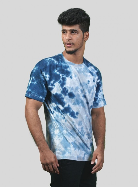 Men’s Blue Tie and Dye T-Shirt – Handcrafted Cotton Crew Neck Tee