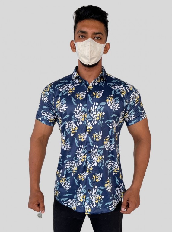 Men’s Blue Floral Printed Poly Shirt – Stylish, Lightweight Summer Wear by Boer & Fitch
