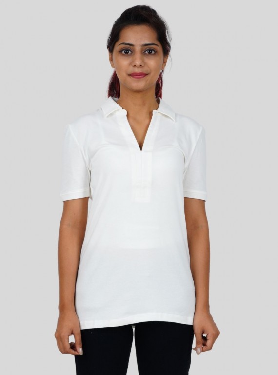 Women’s White Polo Collar Cotton Elastane Short Sleeve Top | Boer & Fitch