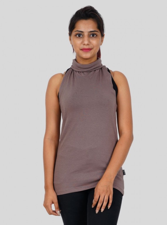Women's Brown Sleeveless Turtle Neck Top – Cotton Stretch Comfort