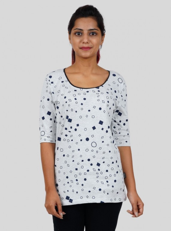 Women's White Graphic Print Long Sleeve Cotton Top with Neck Binding