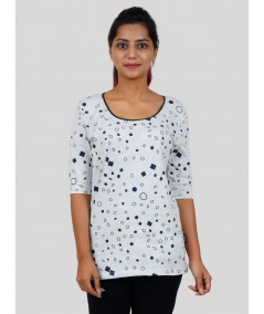 Women's White Graphic Print Long Sleeve Cotton Top with Neck Binding