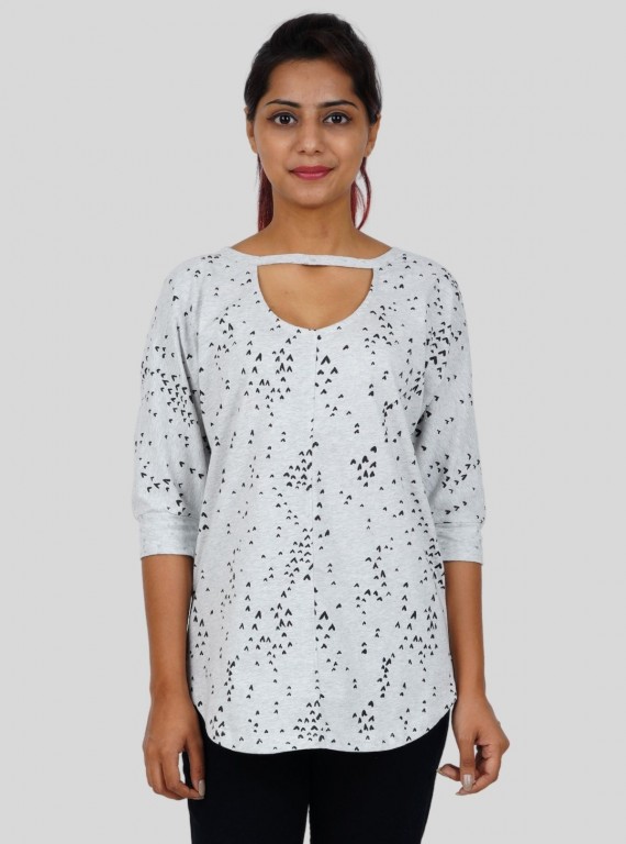 Women's Light Grey Heart Print T-Shirt with Neck Strap – 3/4 Sleeve