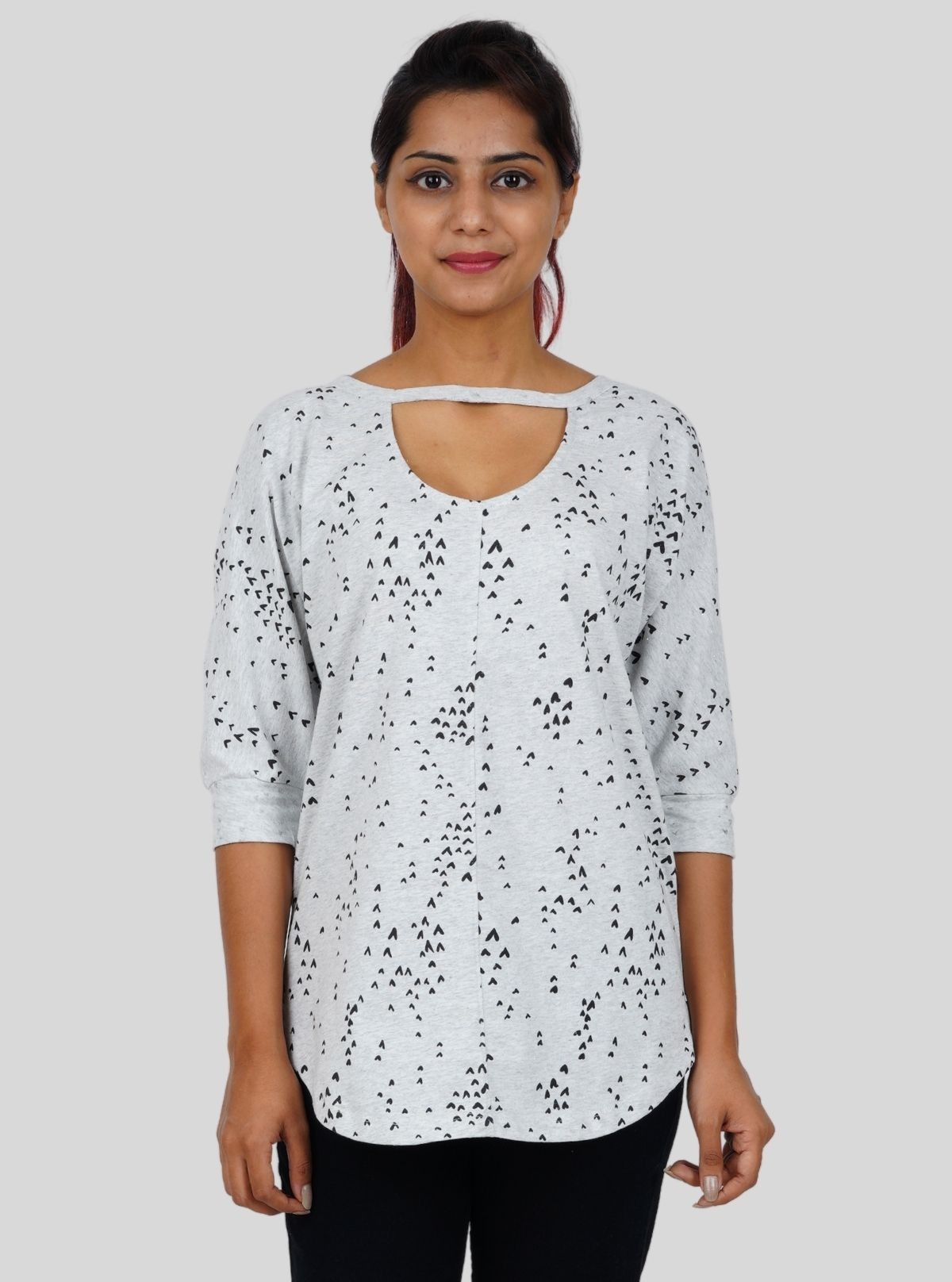 Women's Light Grey Heart Print T-Shirt with Neck Strap – 3/4 Sleeve
