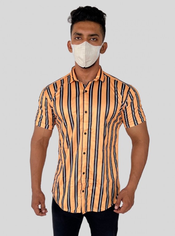 Men’s Yellow Vertical Striped Printed Poly Shirt – Modern Slim Fit by Boer & Fitch