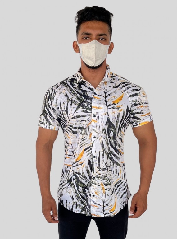 Men’s Bamboo Leaves Print White Short Sleeve Shirt