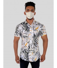 Men’s Bamboo Leaves Print White Short Sleeve Shirt