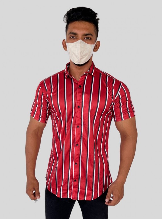 Men’s Red Vertical Striped Printed Poly Shirt – Sleek Casual Style by Boer & Fitch