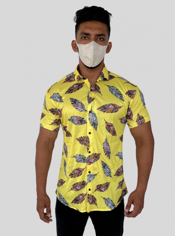 Men’s Yellow Feather Printed Poly Shirt – Lightweight & Stylish by Boer & Fitch