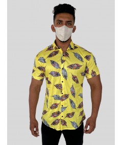 Men’s Yellow Feather Printed Poly Shirt – Lightweight & Stylish by Boer & Fitch